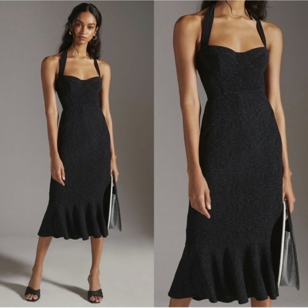 Anthropologie Hutch Black Textured Halter Midi Dress Flounce Hem